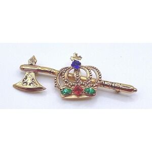 Coro Vintage Crown Scepter Axe Brooch Gold Tone Rhinestone Royal Pin